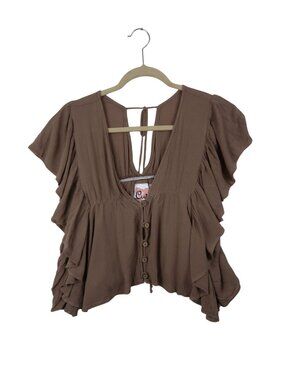 Cute By Daisy S Button-Front Brown Ruffle Sleeve Crepe Blouse Boho Fairy Core